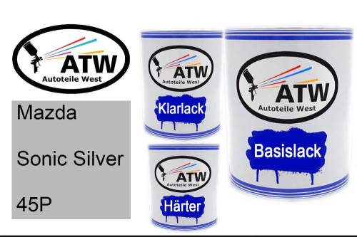 Mazda, Sonic Silver, 45P: 1L Lackdose + 1L Klarlack + 500ml Härter - Set, von ATW Autoteile West.